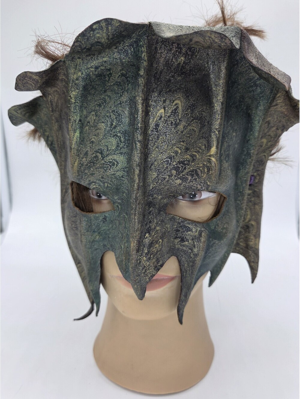 Vintage Handcrafted Green and Gold Marbled Leather Fantasy Mask
